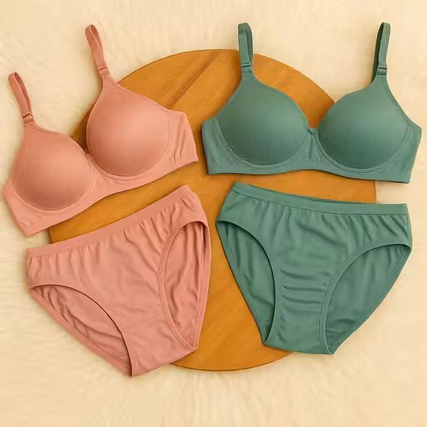 BERRIX Bra & Panty Set Solid Pink, Green Lingerie Set