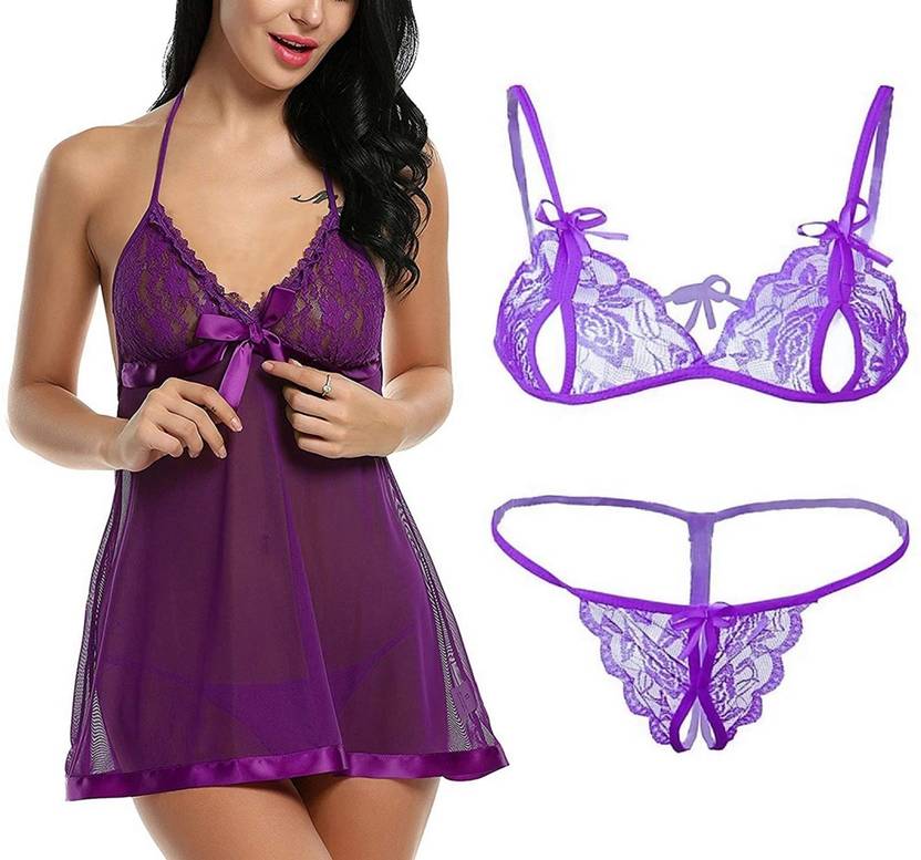 Babydoll Set Self Design Purple Lingerie Set
