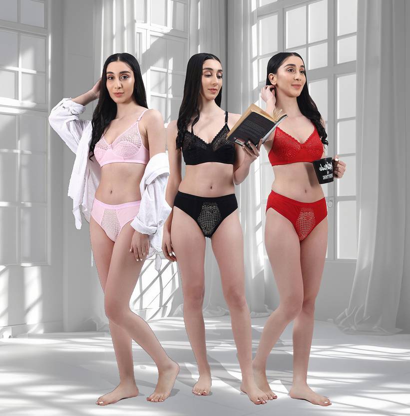 flying queen Bra & Panty Set Self Design Red, Black, Pink Lingerie Set