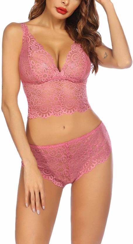 Boosah Bra & Panty Set Self Design Pink Lingerie Set
