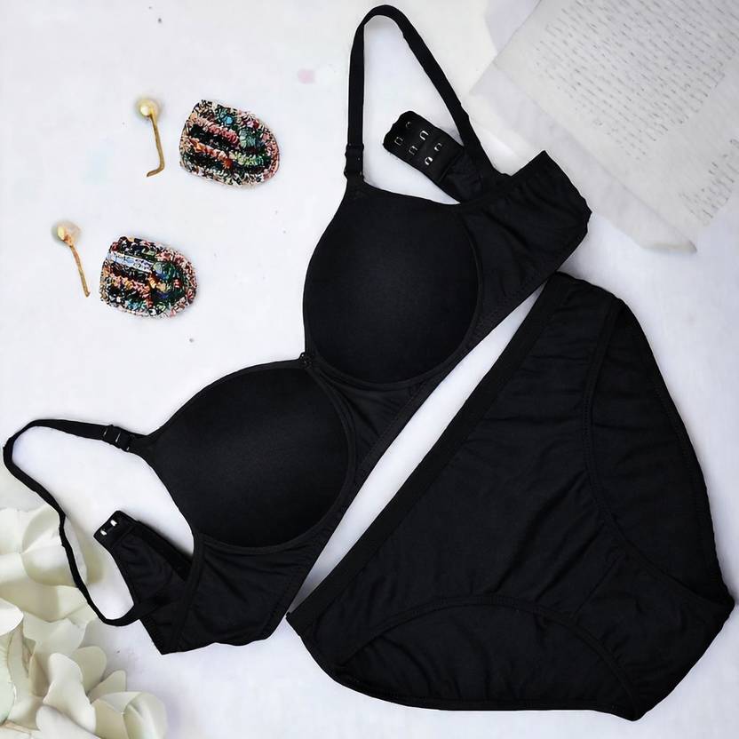 BERRIX Bra & Panty Set Solid Black Lingerie Set