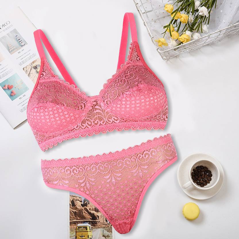 LIMEWIDE Bra & Panty Set Self Design Pink Lingerie Set