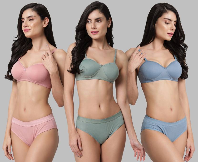 Blue Aura Bra & Panty Set Solid Multicolor Lingerie Set