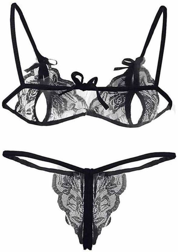 LEVIBO Babydoll Set Self Design Black Lingerie Set