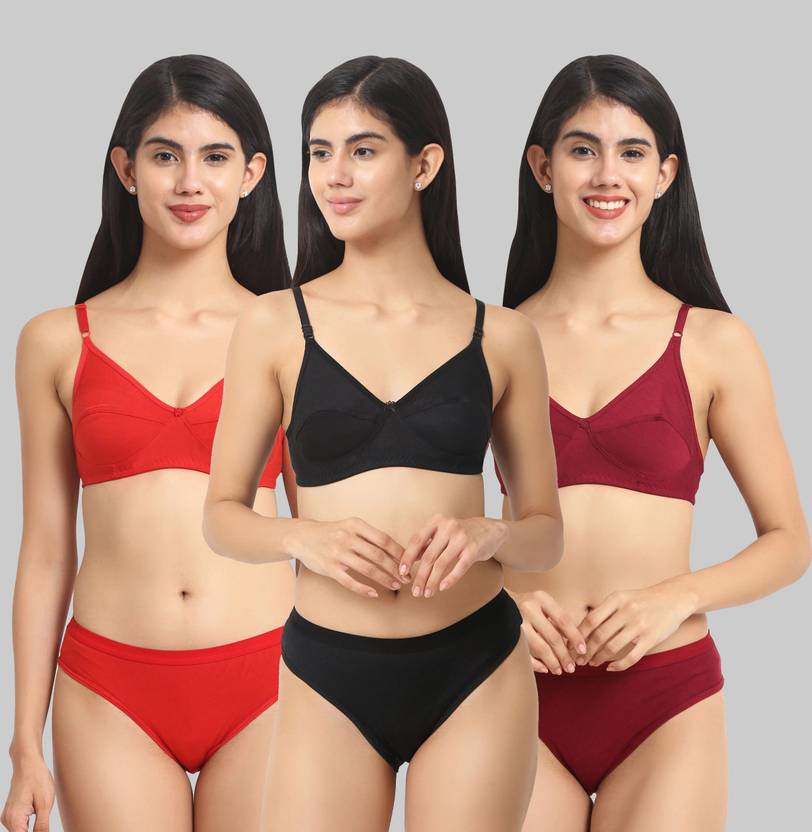 Adira Bra & Panty Set Solid Red, Black, Maroon Lingerie Set