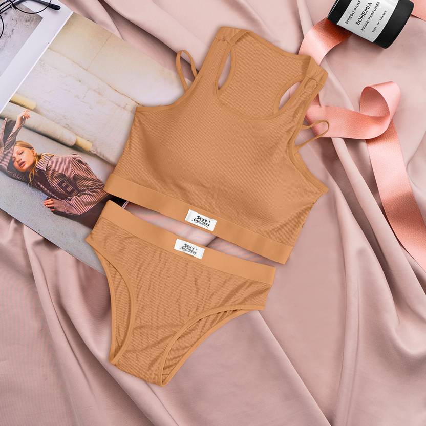 flying queen Bra & Panty Set Solid Brown Lingerie Set