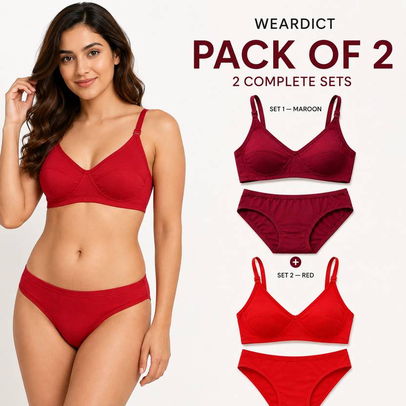 WearDict Bra & Panty Set Solid Red, Maroon Lingerie Set
