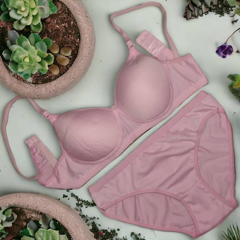BERRIX Bra & Panty Set Solid Pink Lingerie Set
