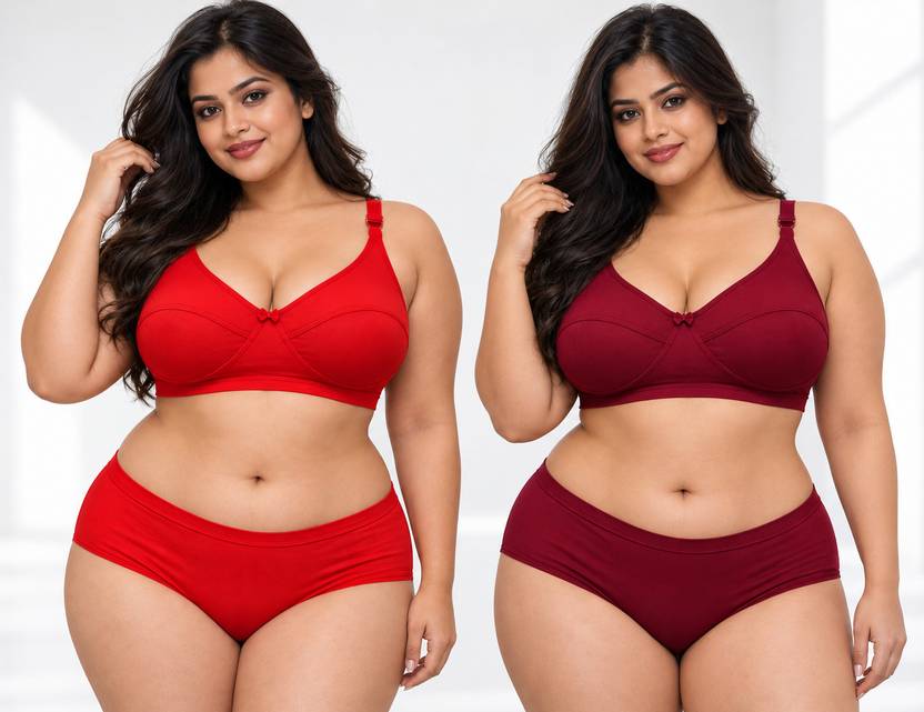 Signature Comfort Bra & Panty Set Solid Red, Maroon Lingerie Set