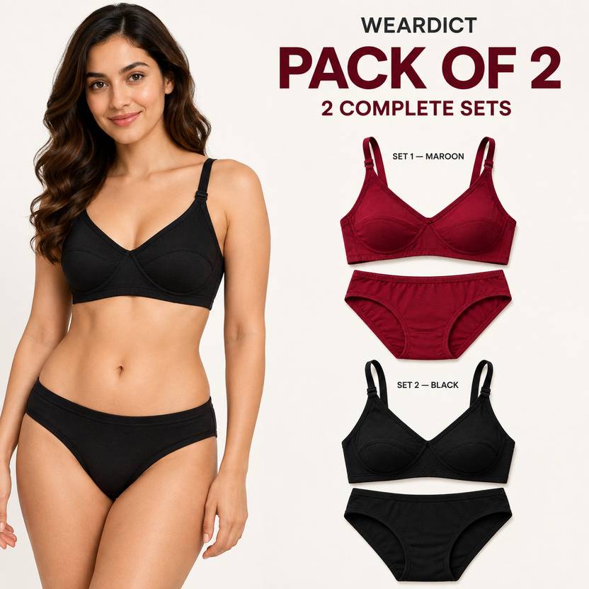WearDict Bra & Panty Set Solid Black, Maroon Lingerie Set