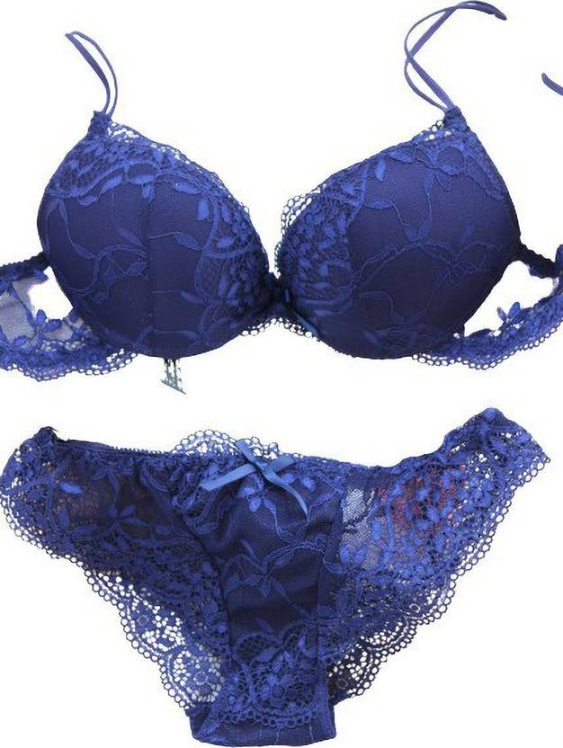 ANTRA ENTERPRISE IND Bra & Panty Set Solid Blue Lingerie Set