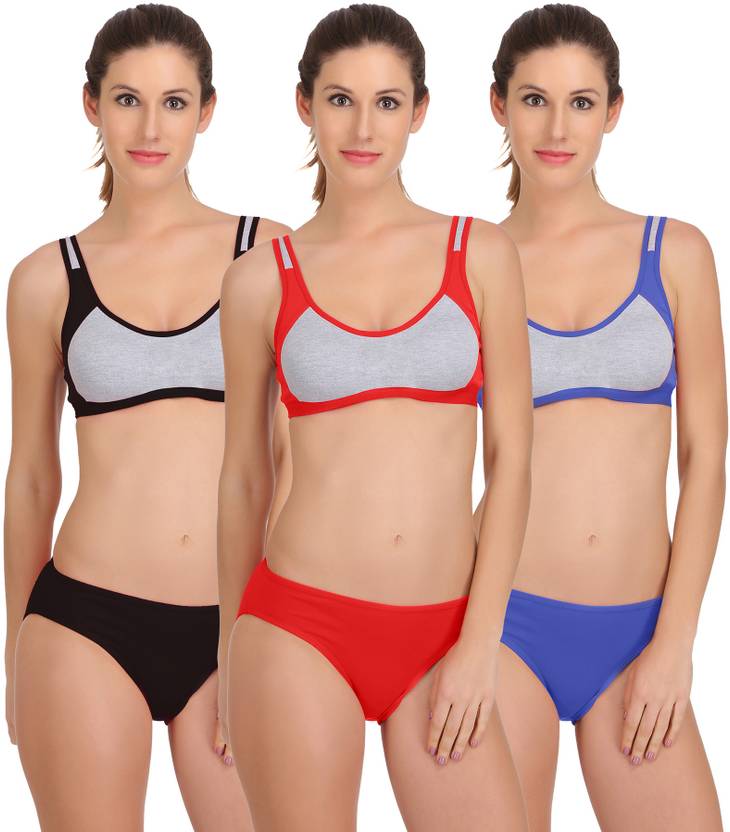samvar Bra & Panty Set Self Design Black, Red, Blue Lingerie Set