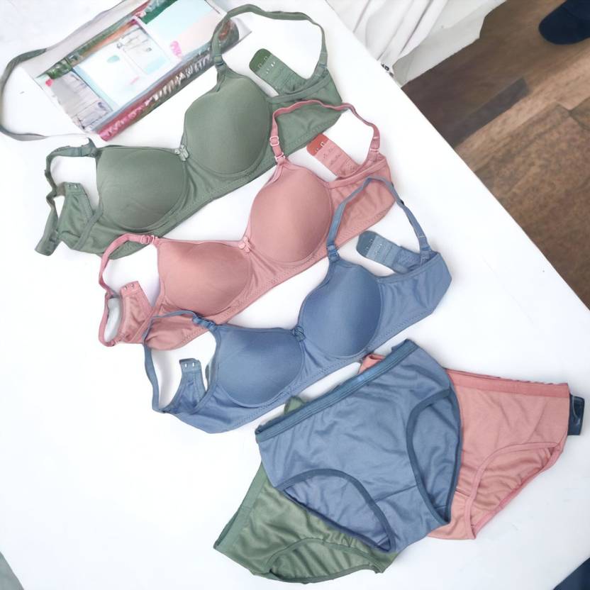 Blue Aura Bra & Panty Set Solid Multicolor Lingerie Set