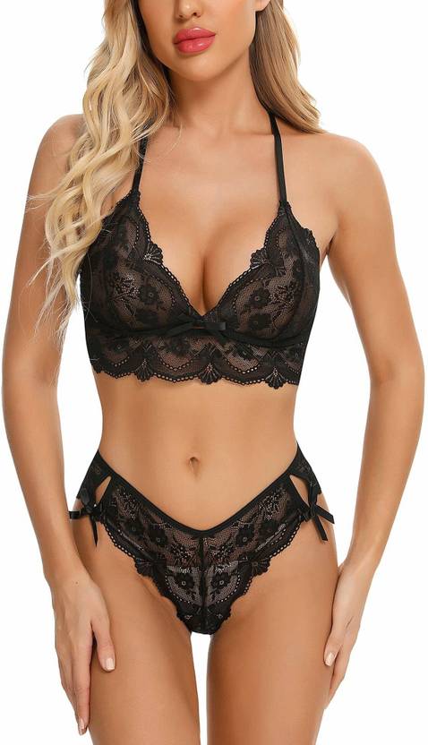 Boosah Bra & Panty Set Embroidered Black Lingerie Set