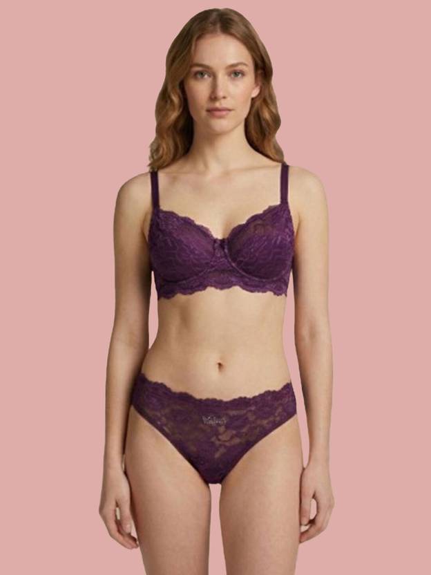 Sheluxe Bra & Panty Set Self Design Purple Lingerie Set