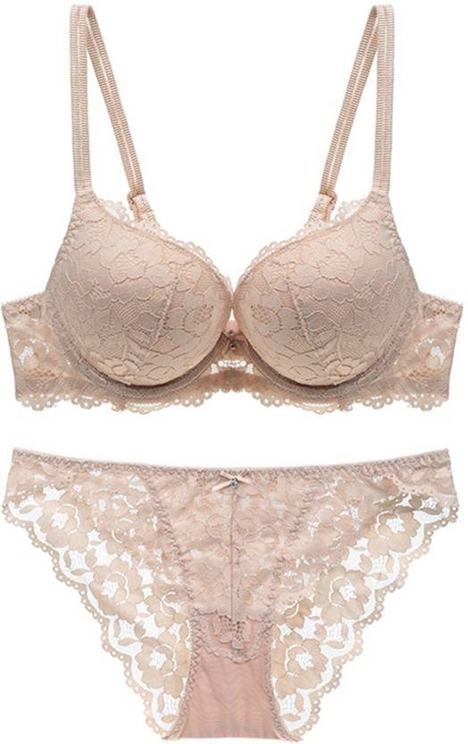 Antra Enterprise Bra & Panty Set Self Design Beige Lingerie Set