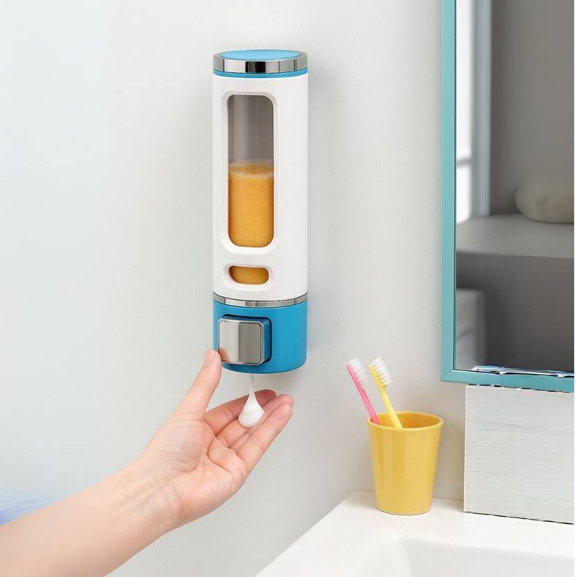 AMATRA Premium Blue and White Wall Mounted Shampoo/Liquid Soap Dispenser 0.4 L Liquid, Shampoo, Gel, Foam, Lotion, Sanitizer Stand, Conditioner, Soap Dispenser