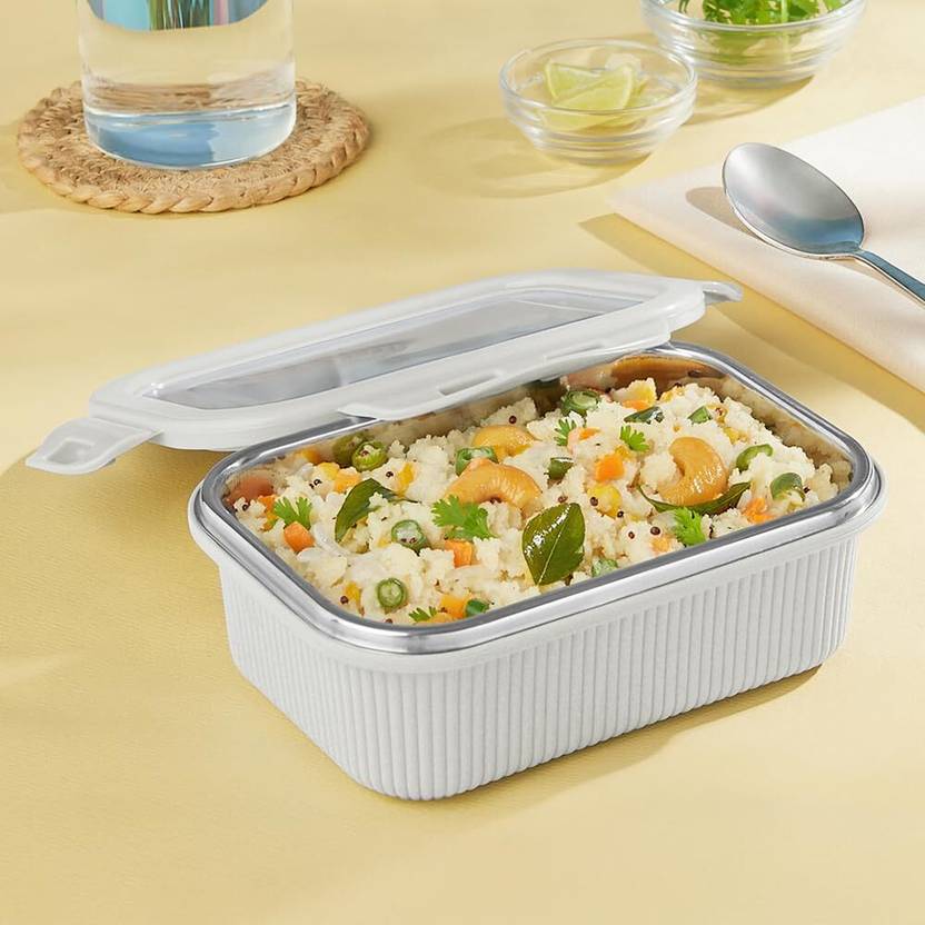 Larah by Borosil Freshbyte 400ml Rectangle Food Storage Container with Airtight Steel Lid 1 Containers Stainless Steel Office Lunch Box