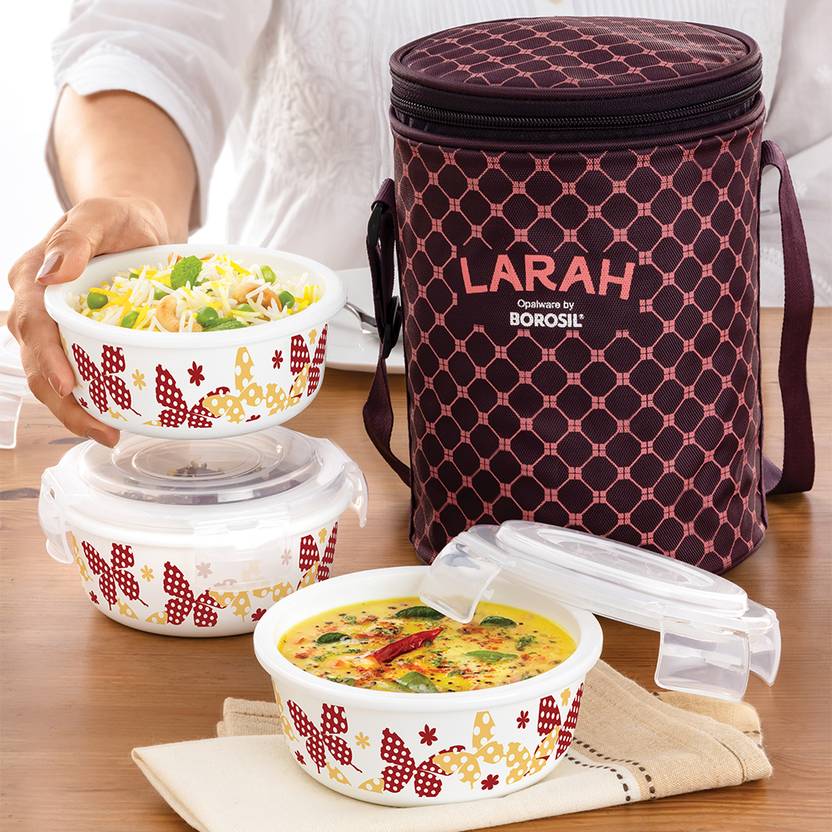 Larah by Borosil Orange Opalware Lunch Box with Bag, Unisex Lunch box for Office, School 3 Containers Opalware Office Lunch Box