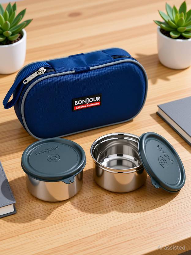 BONJOUR Zoom Soft Line Steel Tiffin Box with Bag | Grey | Leakproof | Easy to Carry | 2 Containers Stainless Steel Office Lunch Box
