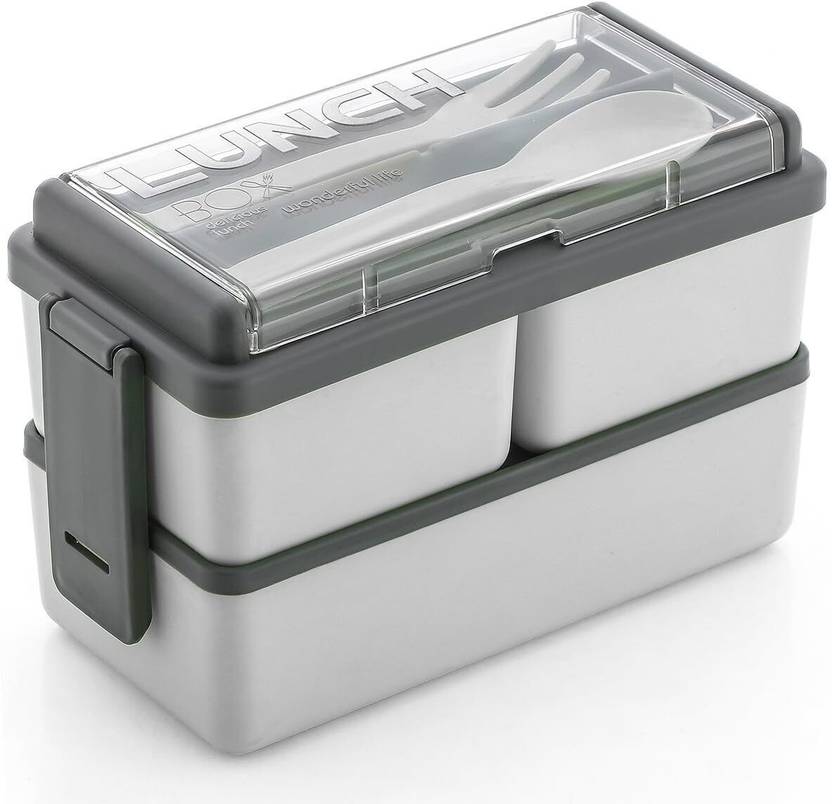 DDecora Compartment Grey Color with Spoon and Fork Office School 3 Containers Plastic Office Lunch Box