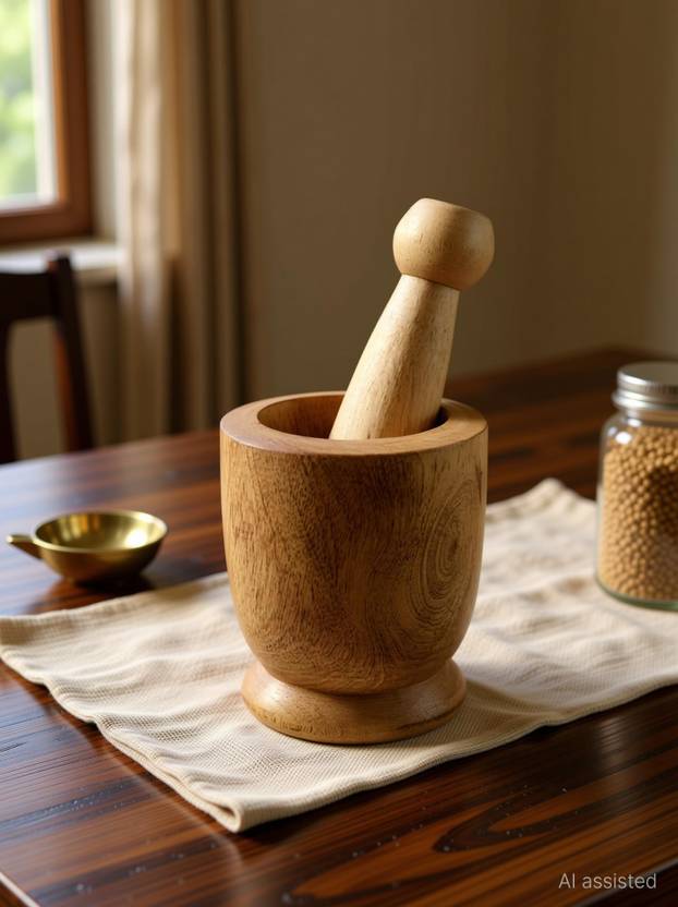 Bharatcrafts Wooden Okhli Mortar & Pestle Imam Dasta Musal Kharal Khalbatta Crusher (1 Pc) Wood Masher