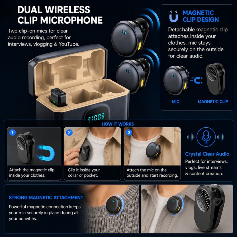 Arvy Dual Wireless Magnetic Clip Lavalier Microphone - Image 2
