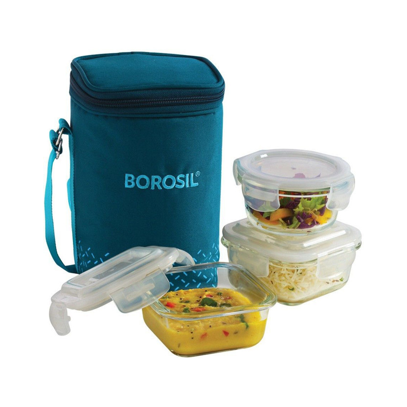 Click to enlarge Flipkart.com | BOROSIL Teal Bag, 3 Pc (320 ml x 2 + 240ml x 1 ), Office Tiifin 3 Containers Glass Office Lunch Box -