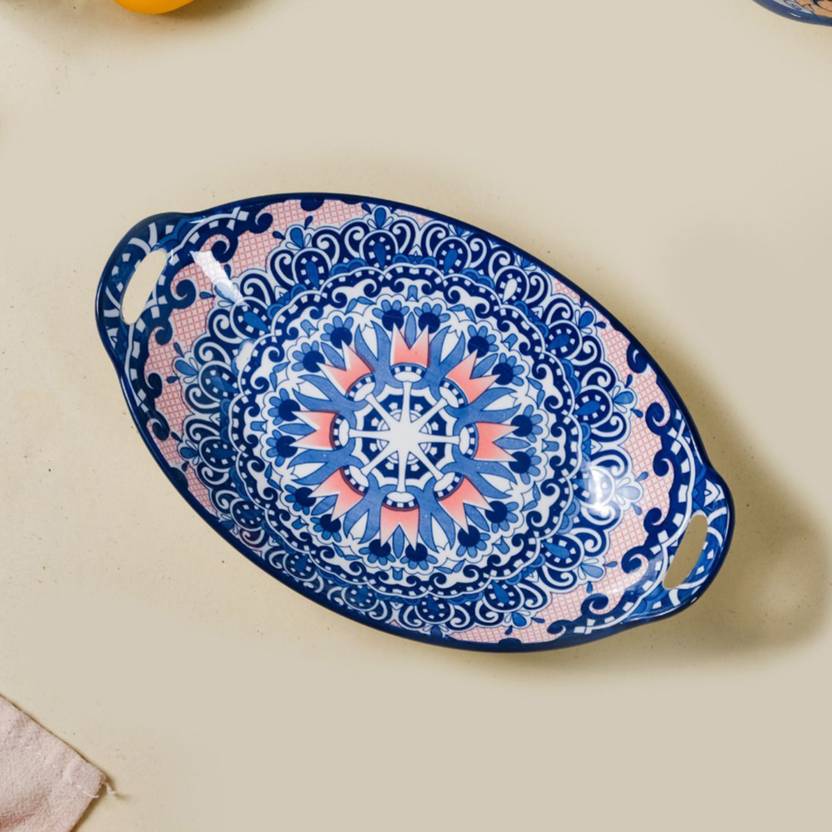 Nestasia Blue Mandala Ceramic Long Dish with Handles for Serving Snacks Tray