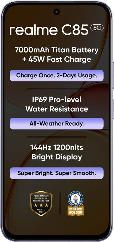 realme C85 5G ( Purple, 128.0GB 4GB RAM)Dimensity 6300 Processor