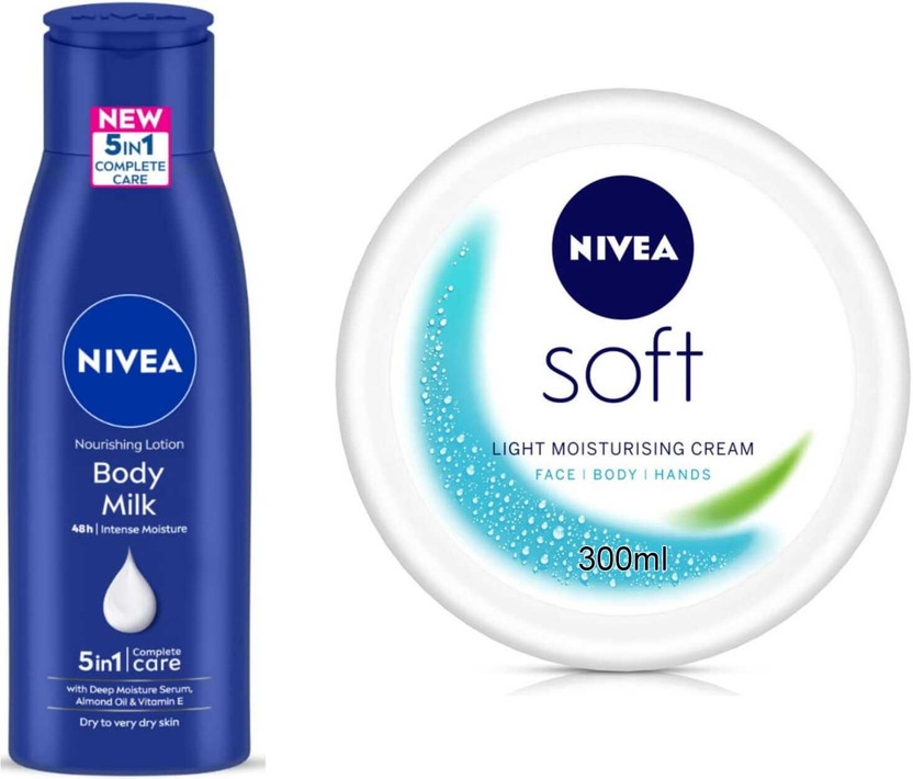 NIVEA Soft cream 300ml and Bodymilk 75ml lotion Set of 2