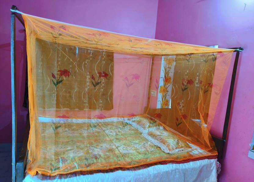 YINPACK Flower design mosquito net machhardani orange colour Fibre Washable Adults Mosquito Net