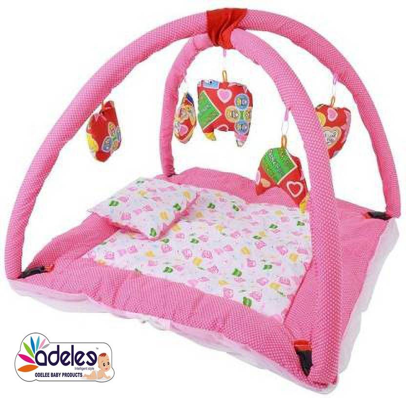 ODELEE Bedding Set with Foldable Mattress, Mosquito Net and Pillow BabyPink Cotton Washable Infants Mosquito Net