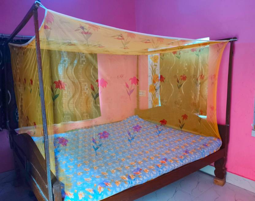 YINPACK Yellow colour mosquito net machhardani flower design mosquito net Fibre Washable Adults Mosquito Net