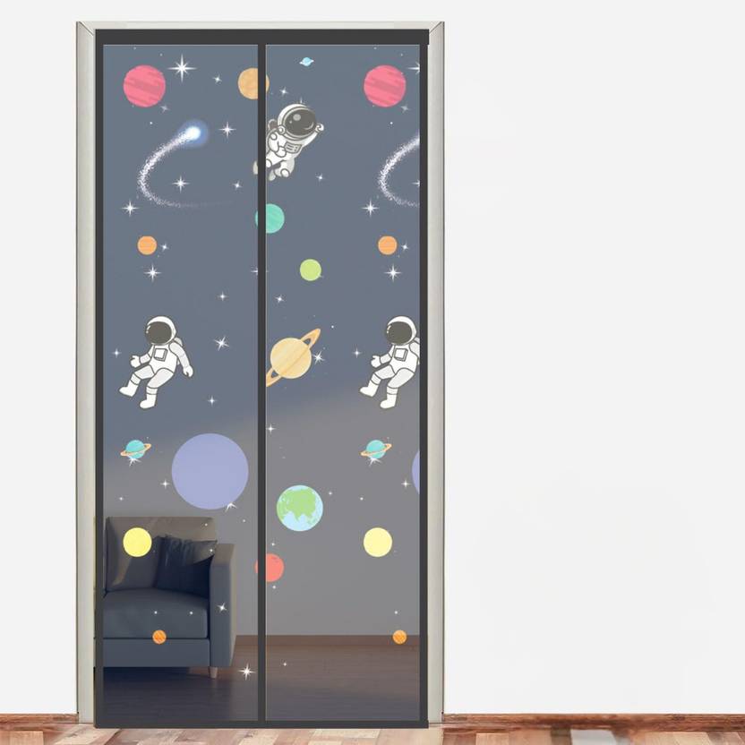 Lifekrafts Auto-Closing Magnetic Door Curtain |Color Planet Theme With Dark Blue Background Polyester Washable Adults Mosquito Net