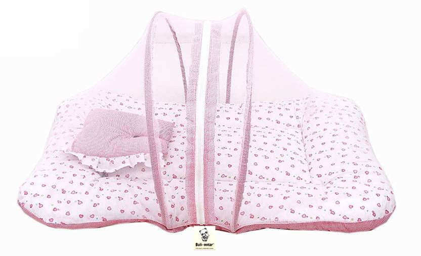 BULI-WEAR Buli Wear Super Soft , Cotton Baby Mattress with Net - Bedding Set (0-6 Months ,Pink Dil) Polyester Washable Infants Mosquito Net