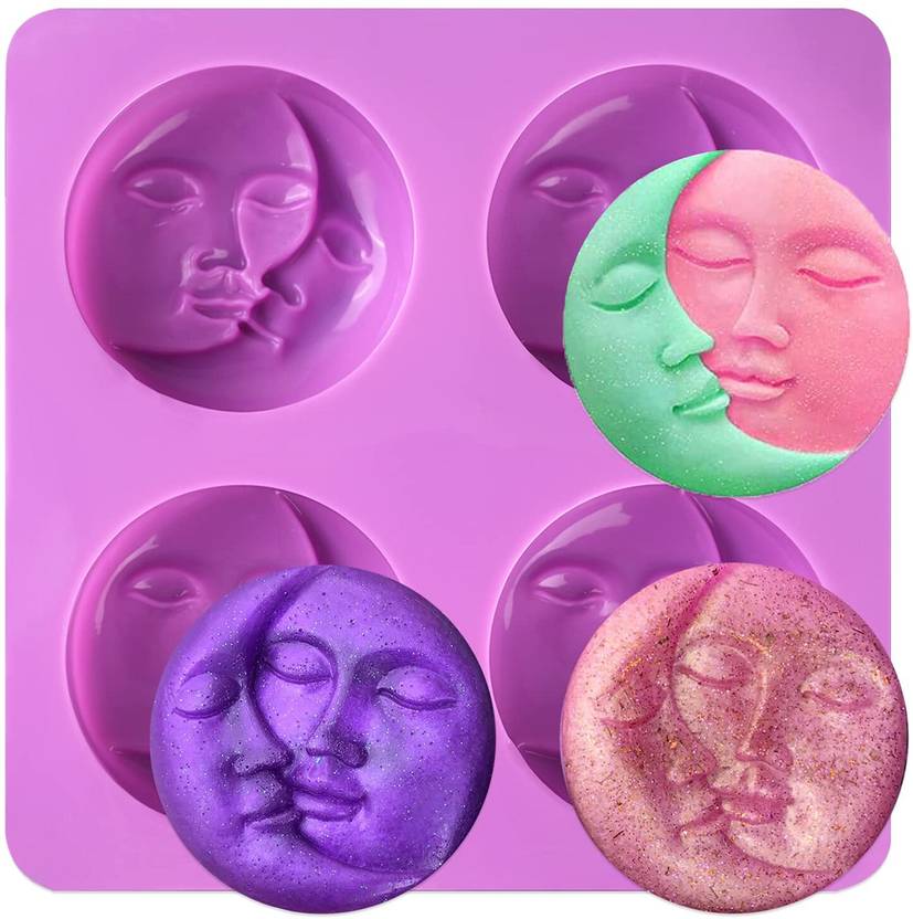 Ality Silicone Chocolate Mould 4 Cavity Sun & Moon Silicone Soap Molds, Crescent Moon Face Silicone Soap Mold for Homemade Lotion Bar, Bath Bombs, Polymer Clay, DIY Resin Making soap make approx 100 Gram