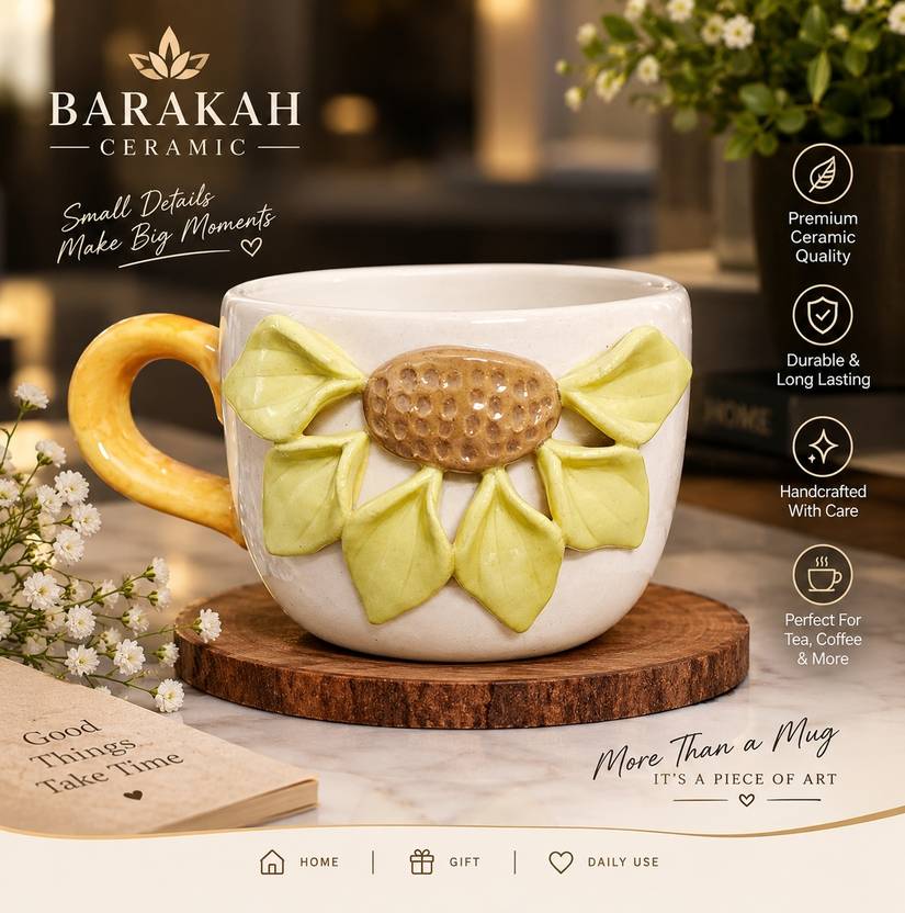 BarakahCeramic Handcrafted Ceramic 3D Sunflower Bloom Ceramic With yellow colour Ceramic Coffee Mug