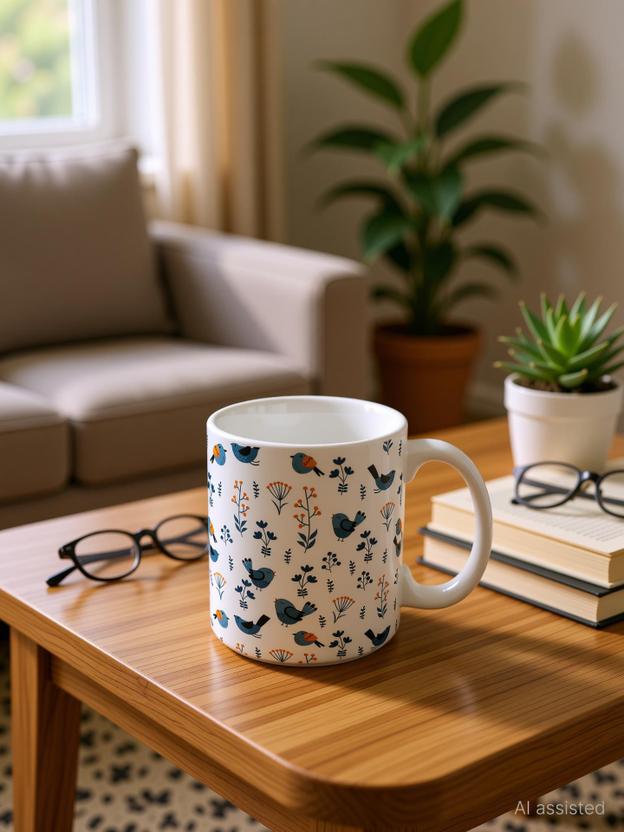 Tuelip Beautiful Seamless Bird Pattern White Color Cup