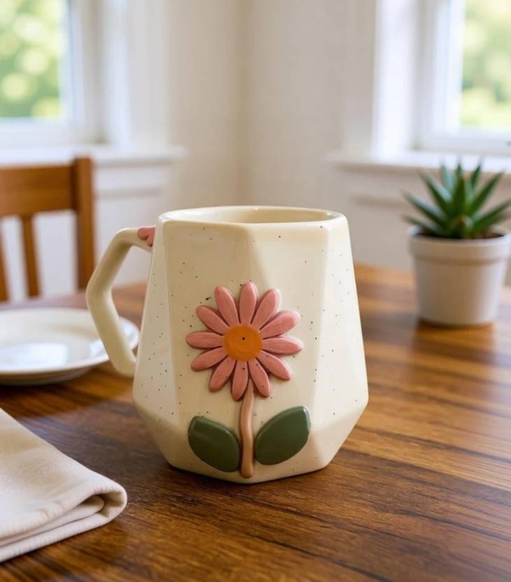 BarakahCeramic Handcrafted Ceramic mug with sunflower design shape like a diamond Ceramic Coffee Mug