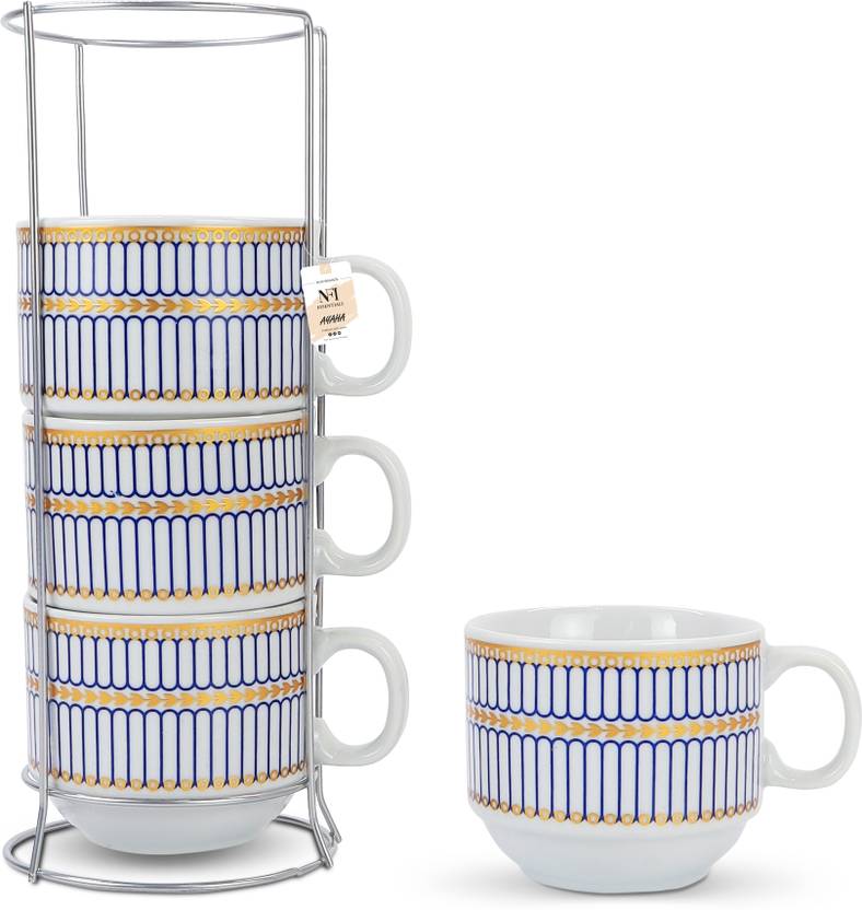 NFI essentials Set of 4 Ceramic Tea Cups Stackable with Stand for Gifting with Holder Ceramic Coffee Mug