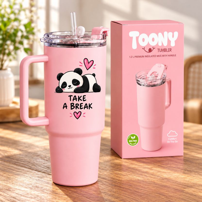 TOONY 1200ml Panda Insulated Tumbler with Straw & Handle - Image 1