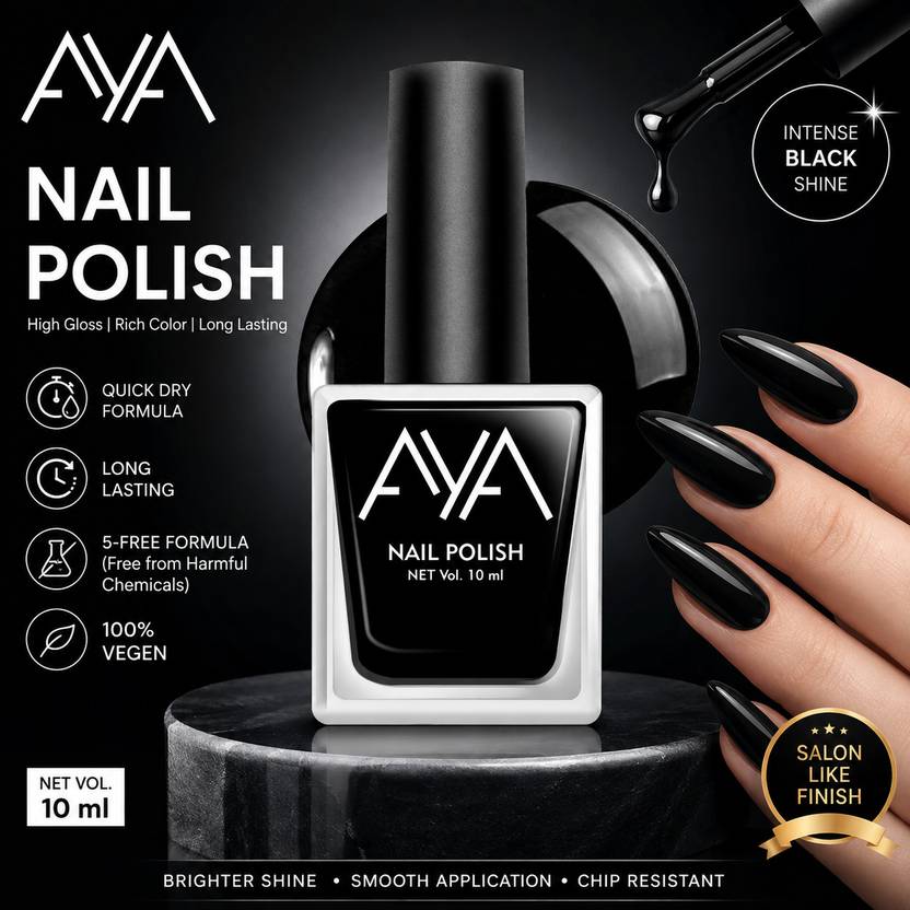 AYA Nail Polish Black 10 ml | High Gloss Long Lasting Nail Paint | Quick Dry Black