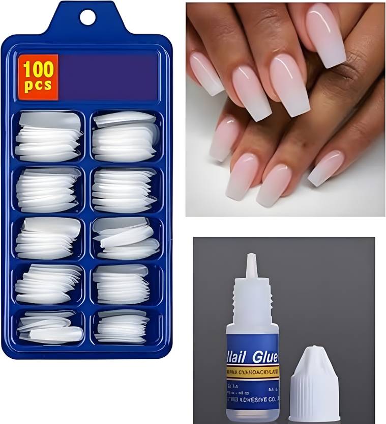 Plusbeauty 566788 Artificial White Nails party Set With Glue Reusable Fake Nails-100 Corded Nailer