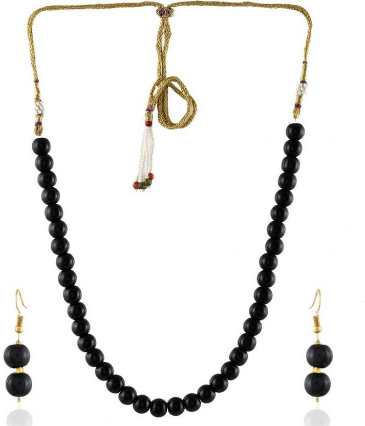 19th July Jewels Black Round Shape Pearls Necklace With adjustabl Dori for Women and Girls Glass Necklace