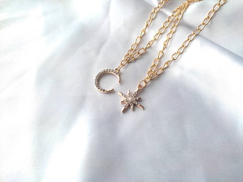 Jewelsbysirani Pack of 2 stylish Moon-Star AD stones charm thick (4mm) chain pendant necklaces Gold-plated Plated Alloy Necklace