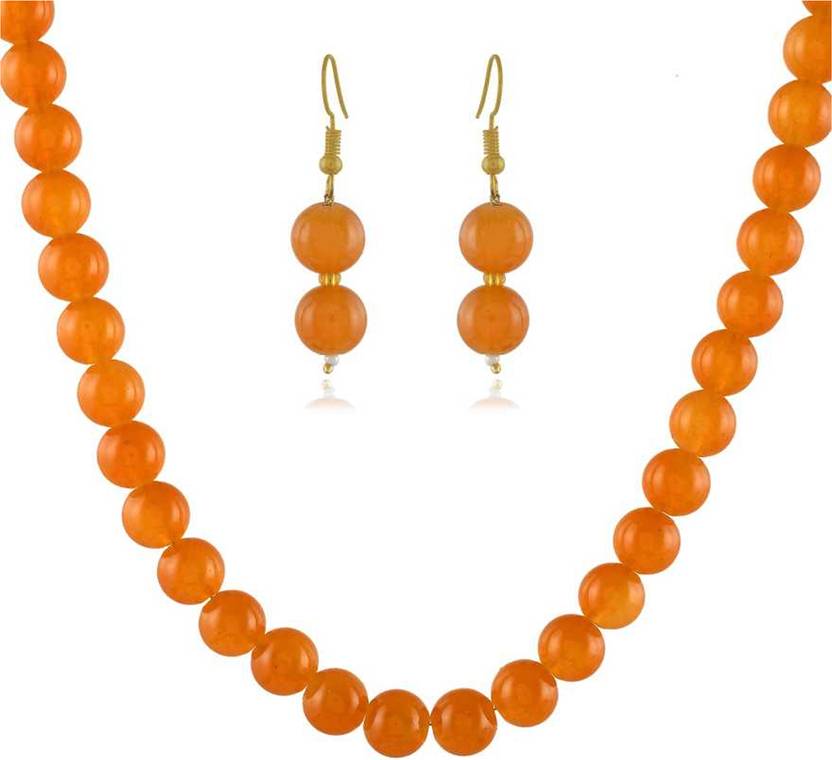 19th July Jewels orange Round Shape Pearls Necklace With adjustabl Dori for Women and Girls Glass Necklace