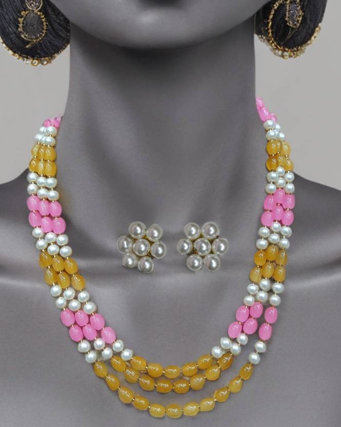 AMU Enterprises Premium Pearl Jewellery Set for Women and Girls (Pink & Mustard Yellow) Pearl Mother of Pearl Necklace