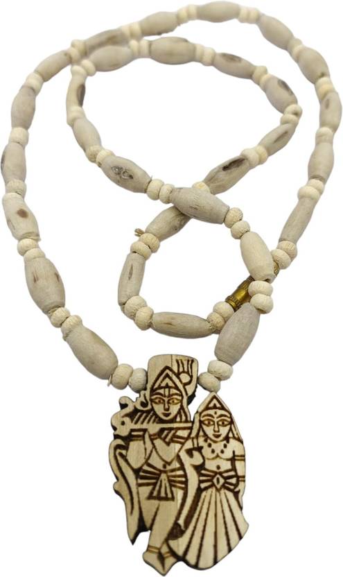 Auracrafters Original Tulsi Beads Mala with Radha Krishna Jugal Jodi Locket for Men & Women Wood Necklace