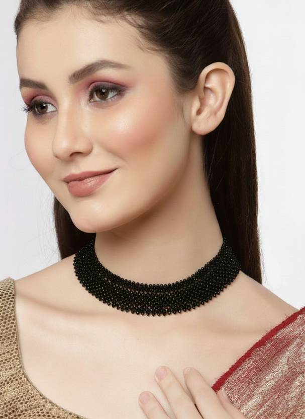 ASIDEA Handmade Black Chatai Necklace with Pearl Border Stone Necklace